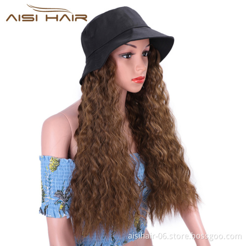 Aisi Hair Long Water Wave Outdoor Hat Knit Slouchy Party Hat Synthetic Light Brown Fiber Hair Extension With Black Cap For Women